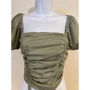 FOREVER 21 Sz S Sage Green Cinched Crop Top Festival Coachella Coquette Puff Slv